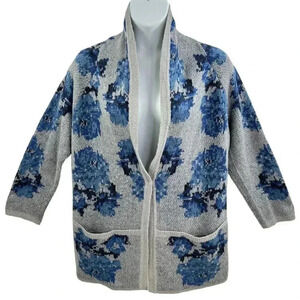 J Jill Vintage 1XL Wool Blend Gray Blue Floral Cardigan Pockets Grandmacore